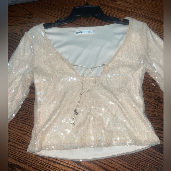 Elodie Sequin Tie Front Top In Taupe - Picture 5 of 9